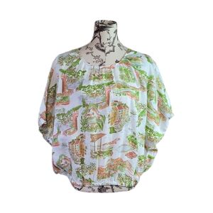 Cynthia Rowley Size L 100% Linen Crop Shirt Surfer Beach Camp Green Orange NWT